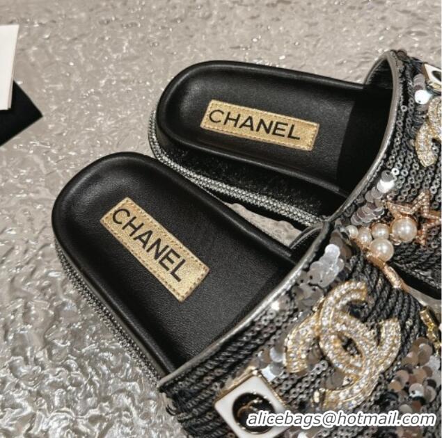 Best Grade Chanel Sequins Slide Sandals with Logo Charm Silver 424036