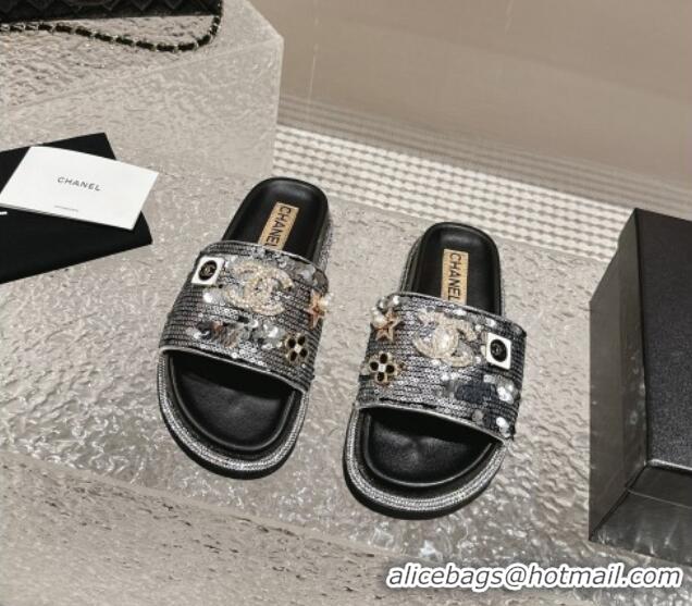 Best Grade Chanel Sequins Slide Sandals with Logo Charm Silver 424036