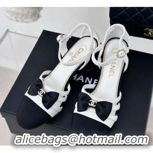 Best Product Chanel Calfskin Heel Sandals with Bow White 424037