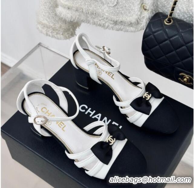 Best Product Chanel Calfskin Heel Sandals with Bow White 424037