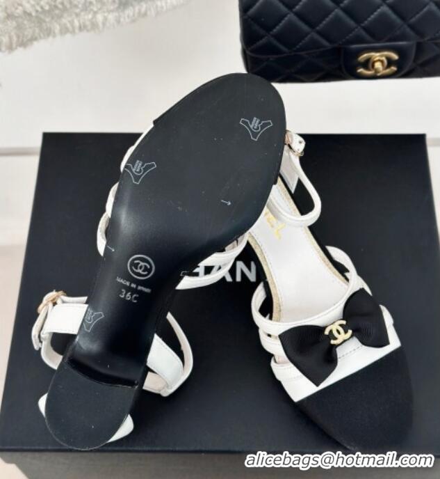 Best Product Chanel Calfskin Heel Sandals with Bow White 424037