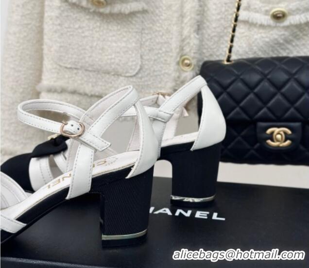 Best Product Chanel Calfskin Heel Sandals with Bow White 424037