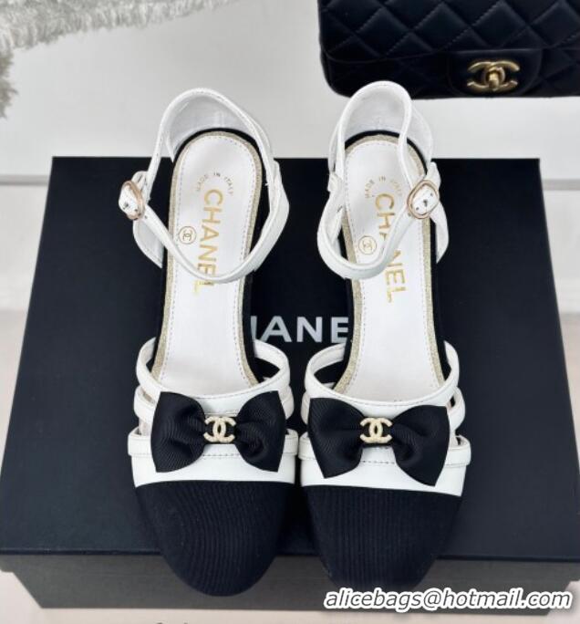 Best Product Chanel Calfskin Heel Sandals with Bow White 424037