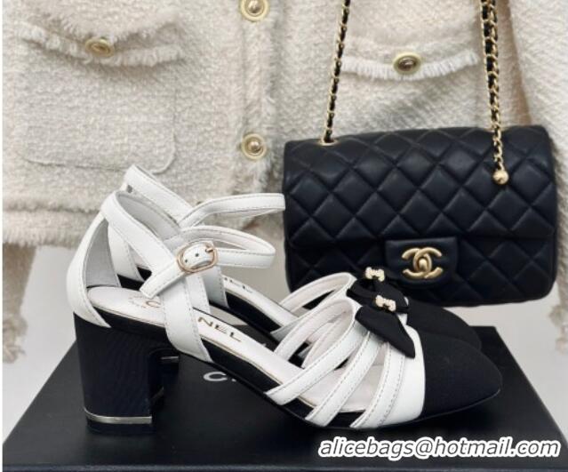 Best Product Chanel Calfskin Heel Sandals with Bow White 424037