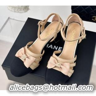 Good Looking Chanel Calfskin Heel Sandals with Bow Beige 424038