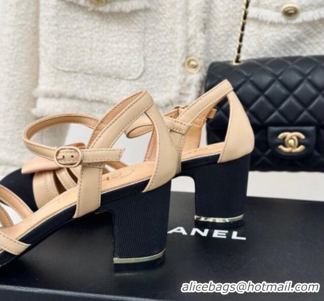 Good Looking Chanel Calfskin Heel Sandals with Bow Beige 424038