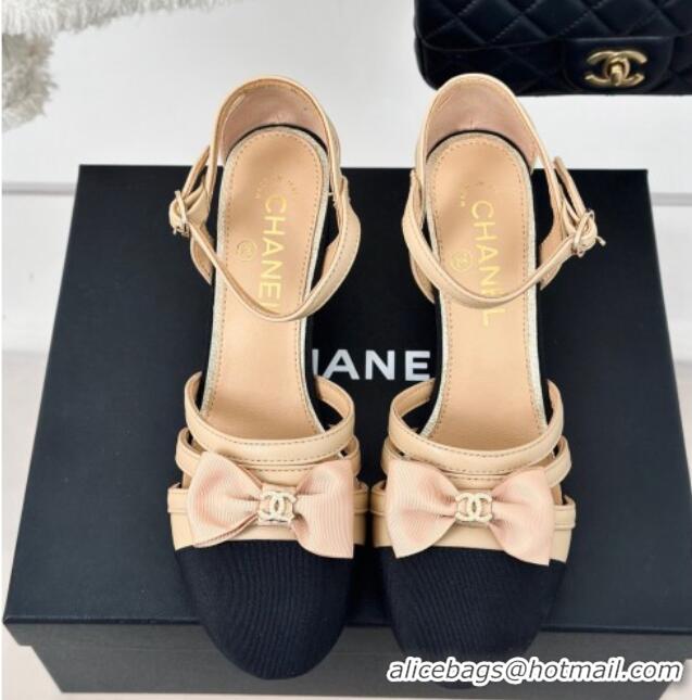 Good Looking Chanel Calfskin Heel Sandals with Bow Beige 424038