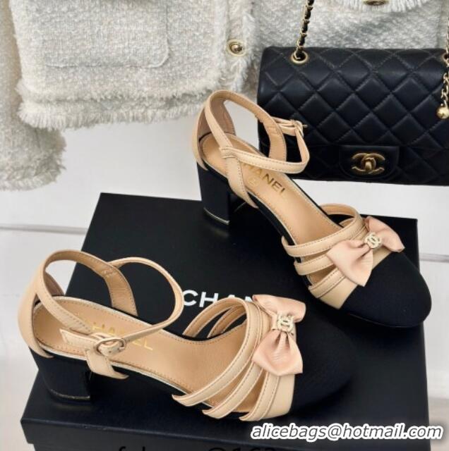 Good Looking Chanel Calfskin Heel Sandals with Bow Beige 424038