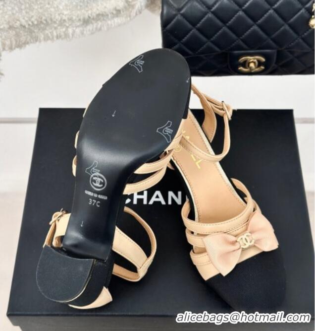 Good Looking Chanel Calfskin Heel Sandals with Bow Beige 424038