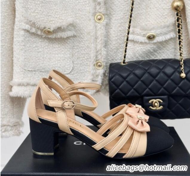 Good Looking Chanel Calfskin Heel Sandals with Bow Beige 424038