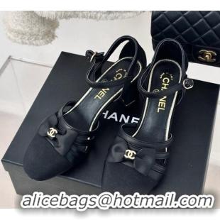 Lowest Price Chanel Calfskin Heel Sandals with Bow Black 424039