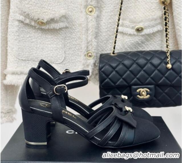 Lowest Price Chanel Calfskin Heel Sandals with Bow Black 424039