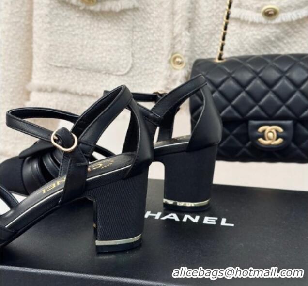 Lowest Price Chanel Calfskin Heel Sandals with Bow Black 424039