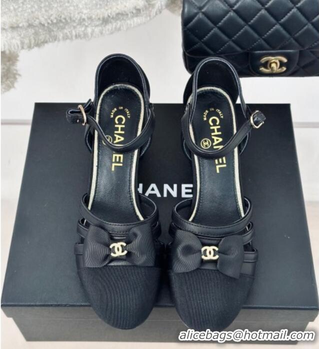 Lowest Price Chanel Calfskin Heel Sandals with Bow Black 424039