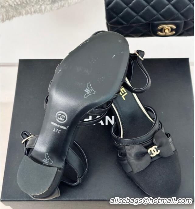 Lowest Price Chanel Calfskin Heel Sandals with Bow Black 424039