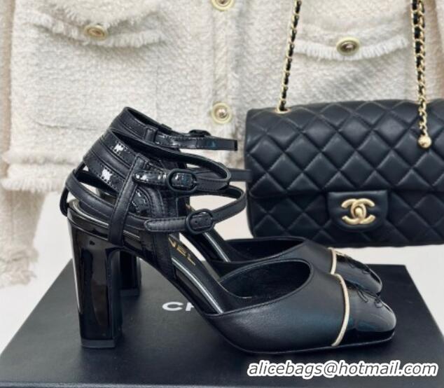 Low Price Chanel Calfskin Heel Sandals 4.5/8.5cm with Double Ankle Strap Black 424040