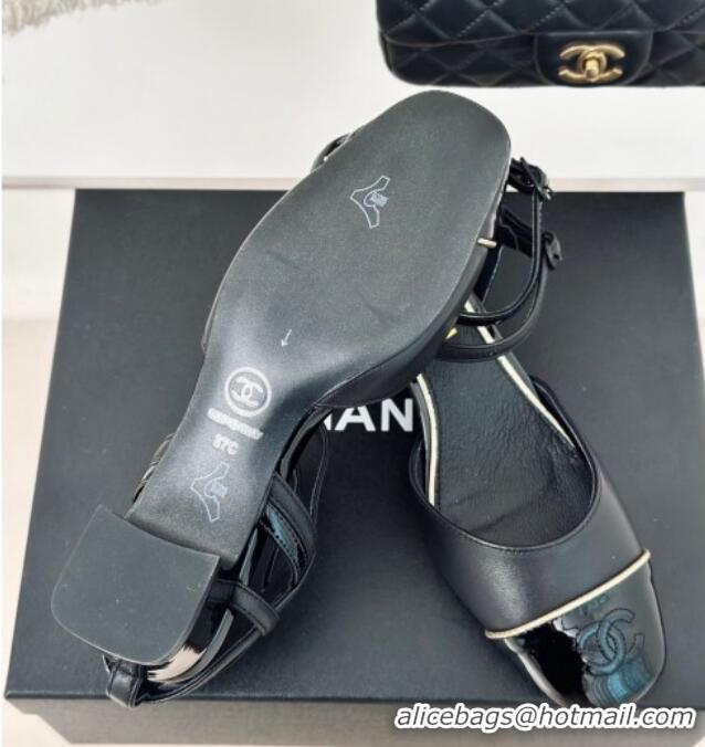 Low Price Chanel Calfskin Heel Sandals 4.5/8.5cm with Double Ankle Strap Black 424040