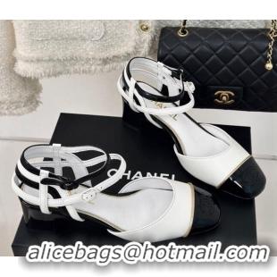 Cheap Price Chanel Calfskin Heel Sandals 4.5cm with Double Ankle Strap White 424041