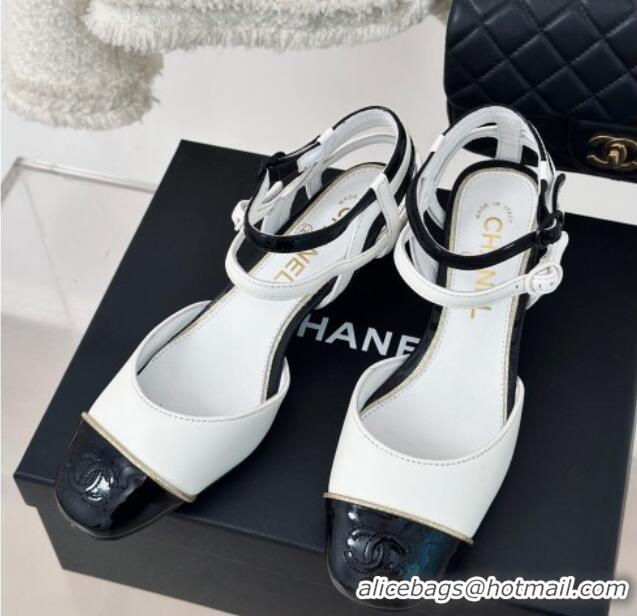 Cheap Price Chanel Calfskin Heel Sandals 4.5cm with Double Ankle Strap White 424041