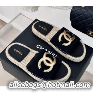 Big Discount Chanel Tweed Espadrilles Flat Slide Sandals with Gold-Tone CC Black 424042