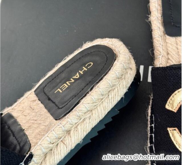 Big Discount Chanel Tweed Espadrilles Flat Slide Sandals with Gold-Tone CC Black 424042