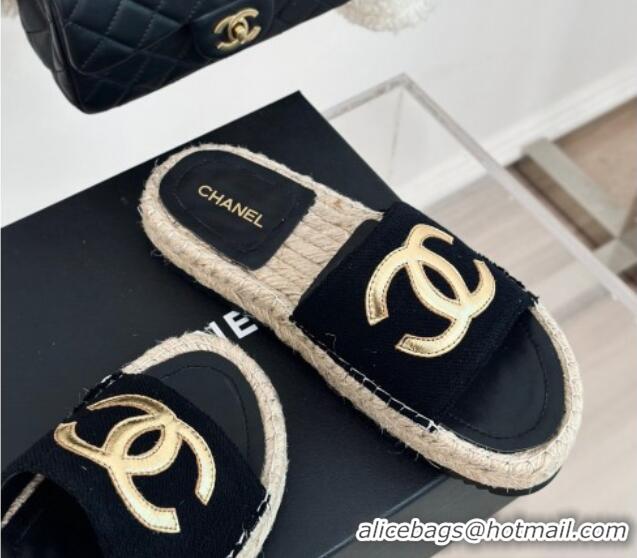 Big Discount Chanel Tweed Espadrilles Flat Slide Sandals with Gold-Tone CC Black 424042