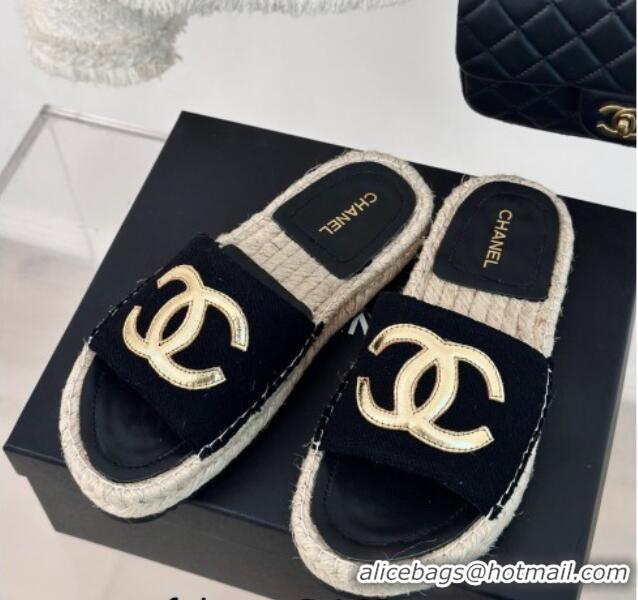 Big Discount Chanel Tweed Espadrilles Flat Slide Sandals with Gold-Tone CC Black 424042