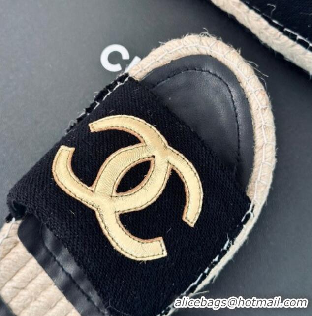 Big Discount Chanel Tweed Espadrilles Flat Slide Sandals with Gold-Tone CC Black 424042