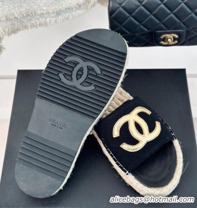 Big Discount Chanel Tweed Espadrilles Flat Slide Sandals with Gold-Tone CC Black 424042