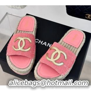 Most Popular Chanel Tweed Espadrilles Flat Slide Sandals with Gold-Tone CC Pink 424043