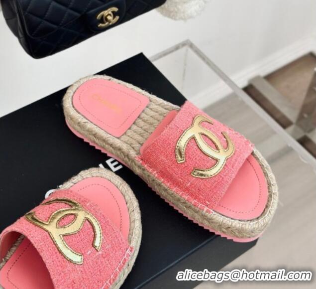 Most Popular Chanel Tweed Espadrilles Flat Slide Sandals with Gold-Tone CC Pink 424043