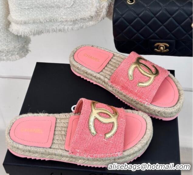 Most Popular Chanel Tweed Espadrilles Flat Slide Sandals with Gold-Tone CC Pink 424043