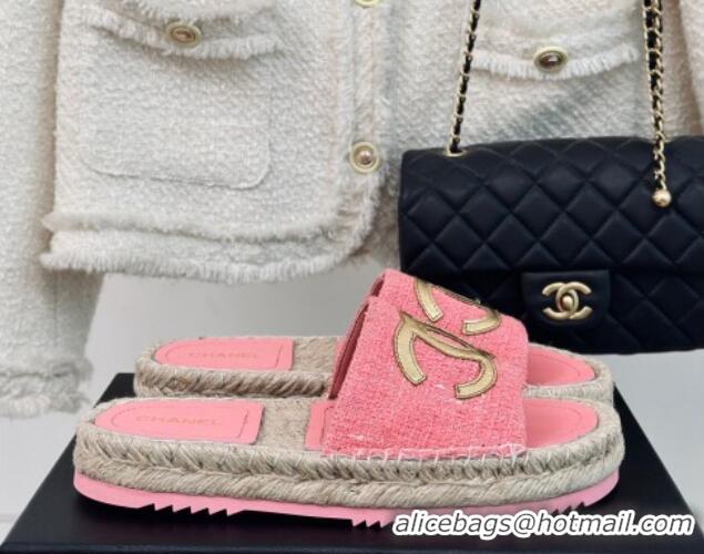 Most Popular Chanel Tweed Espadrilles Flat Slide Sandals with Gold-Tone CC Pink 424043