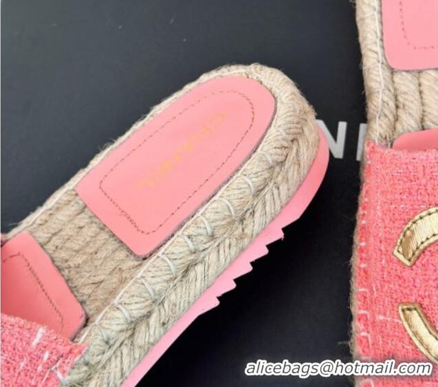 Most Popular Chanel Tweed Espadrilles Flat Slide Sandals with Gold-Tone CC Pink 424043