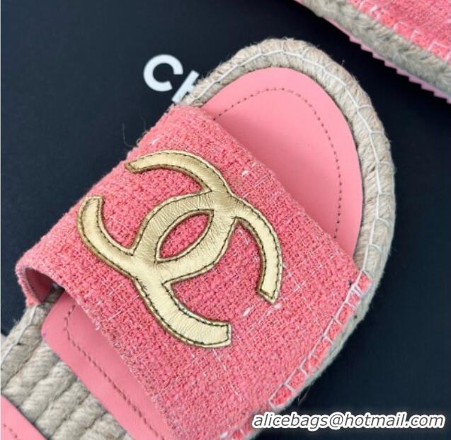 Most Popular Chanel Tweed Espadrilles Flat Slide Sandals with Gold-Tone CC Pink 424043