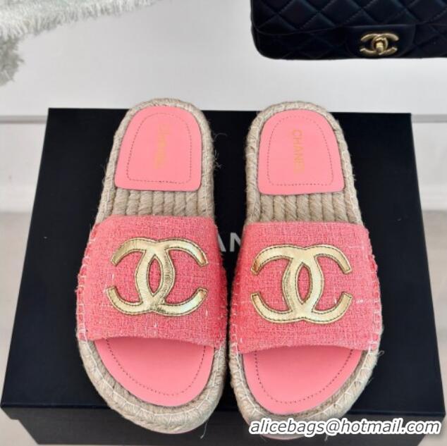 Most Popular Chanel Tweed Espadrilles Flat Slide Sandals with Gold-Tone CC Pink 424043