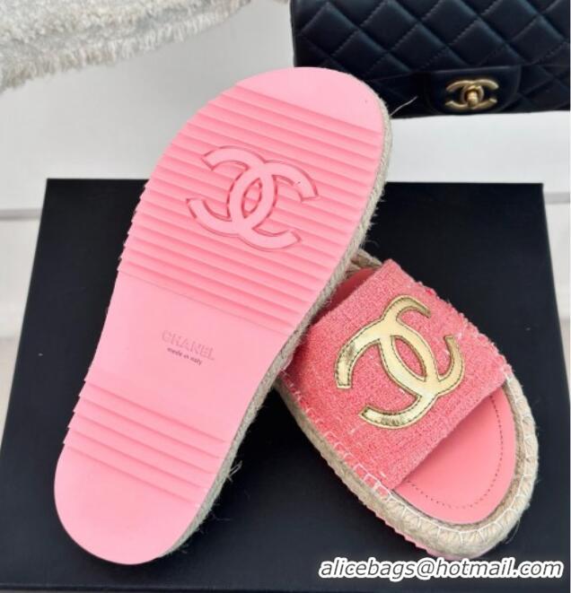 Most Popular Chanel Tweed Espadrilles Flat Slide Sandals with Gold-Tone CC Pink 424043