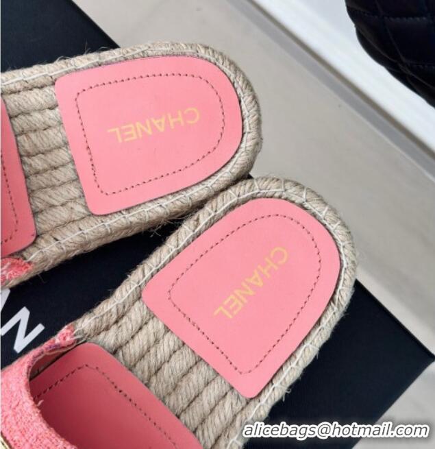 Most Popular Chanel Tweed Espadrilles Flat Slide Sandals with Gold-Tone CC Pink 424043