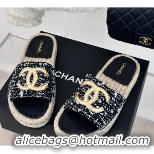 Popular Style Chanel Tweed Espadrilles Flat Slide Sandals with Gold-Tone CC Black/White 424044