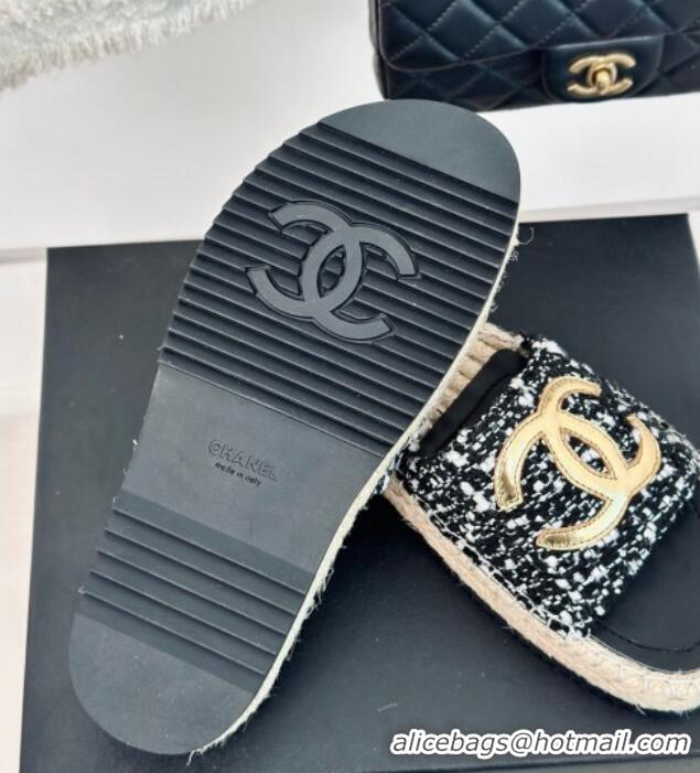 Popular Style Chanel Tweed Espadrilles Flat Slide Sandals with Gold-Tone CC Black/White 424044