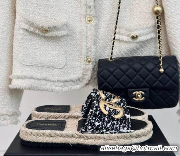 Popular Style Chanel Tweed Espadrilles Flat Slide Sandals with Gold-Tone CC Black/White 424044