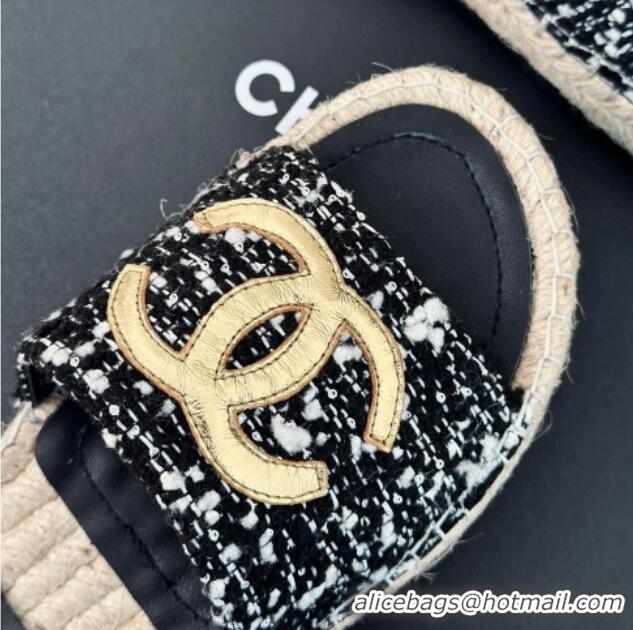 Popular Style Chanel Tweed Espadrilles Flat Slide Sandals with Gold-Tone CC Black/White 424044