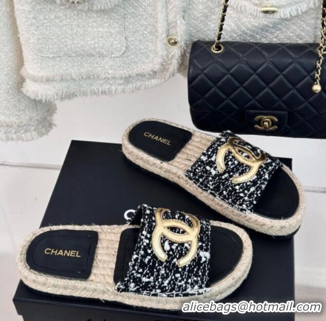 Popular Style Chanel Tweed Espadrilles Flat Slide Sandals with Gold-Tone CC Black/White 424044