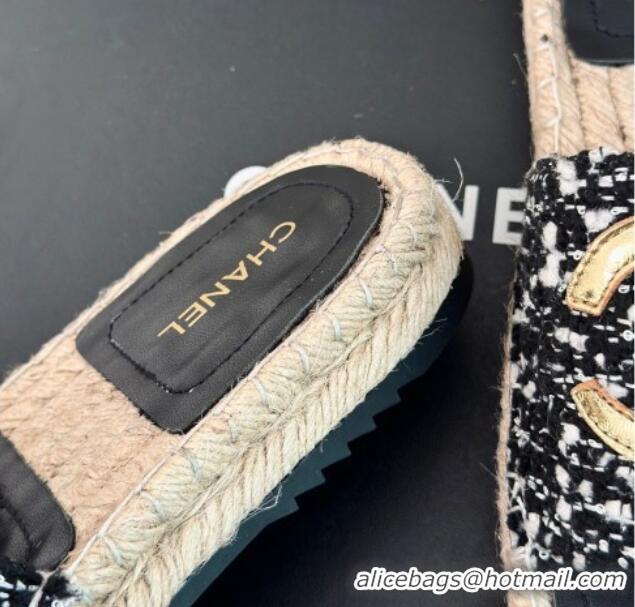 Popular Style Chanel Tweed Espadrilles Flat Slide Sandals with Gold-Tone CC Black/White 424044