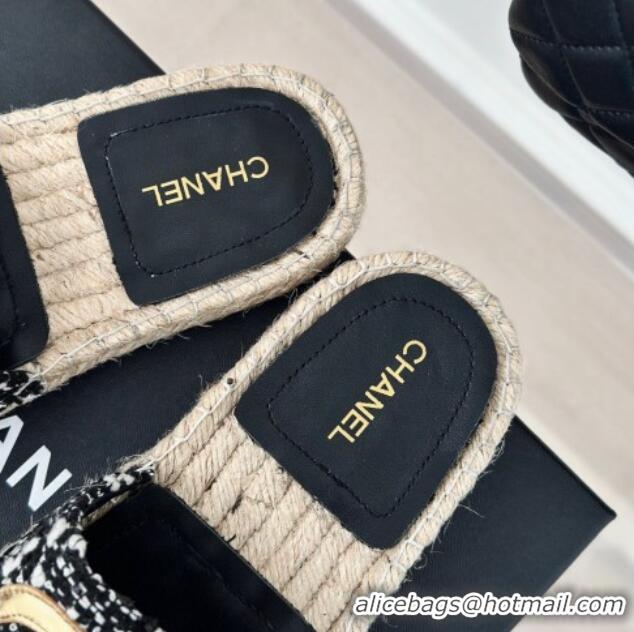 Popular Style Chanel Tweed Espadrilles Flat Slide Sandals with Gold-Tone CC Black/White 424044