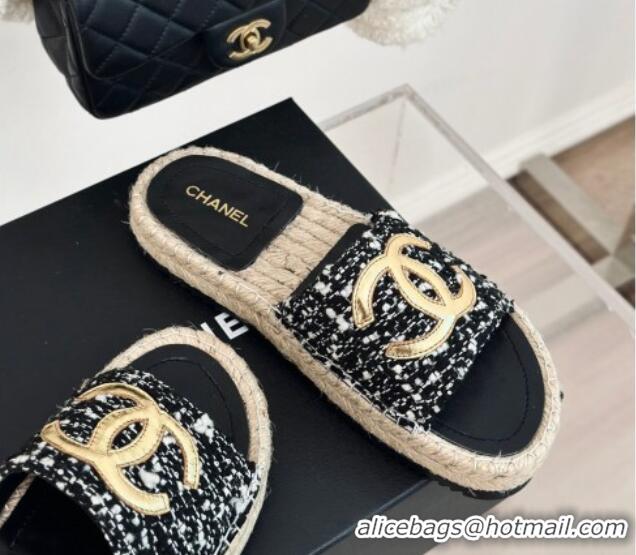 Popular Style Chanel Tweed Espadrilles Flat Slide Sandals with Gold-Tone CC Black/White 424044