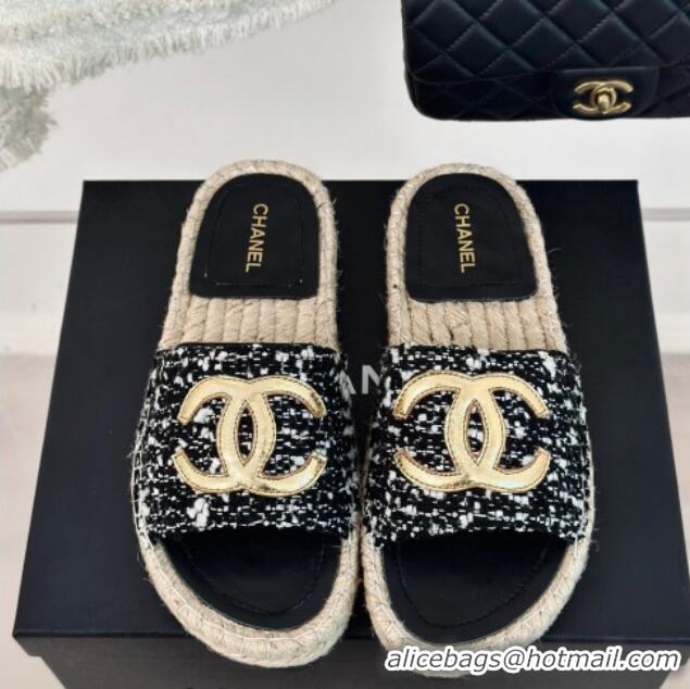 Popular Style Chanel Tweed Espadrilles Flat Slide Sandals with Gold-Tone CC Black/White 424044