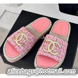 Top Design Chanel Tweed Espadrilles Flat Slide Sandals with Gold-Tone CC Pink 424045