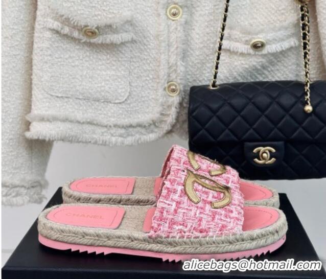 Top Design Chanel Tweed Espadrilles Flat Slide Sandals with Gold-Tone CC Pink 424045