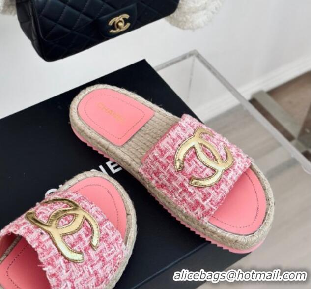 Top Design Chanel Tweed Espadrilles Flat Slide Sandals with Gold-Tone CC Pink 424045